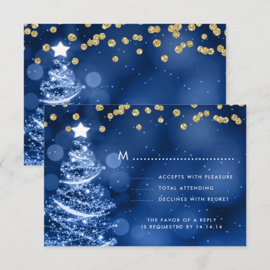 Kerstbruiloft RSVP Sparkle Tree Gold Blue (Voorkant / Achterkant)