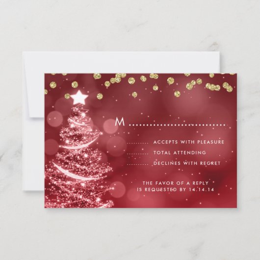 Kerstbruiloft RSVP Sparkle Tree Gold Red Kaartje (Voorkant)
