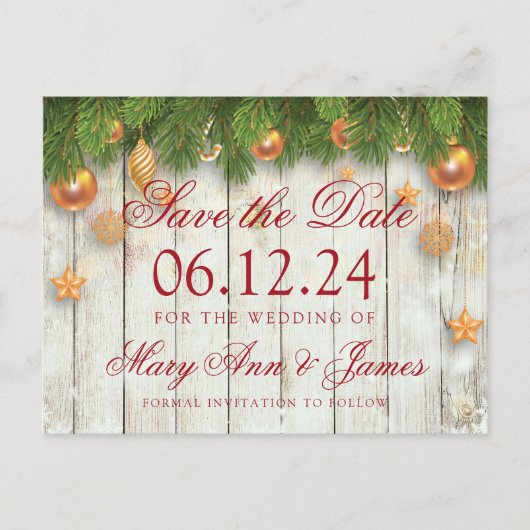 Kerstbruiloft Save The Date Gold Baubles Aankondigingskaart (Voorkant)