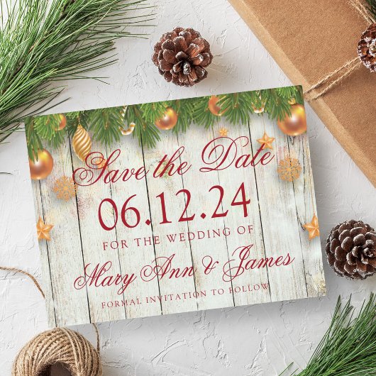 Kerstbruiloft Save The Date Gold Baubles Aankondigingskaart