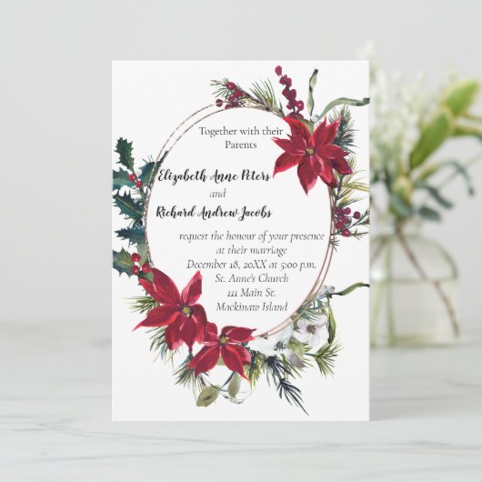 Kerstbruiloft uitnodiging met Poinsettia (Staand voorkant)