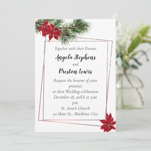 Kerstbruiloft uitnodiging met Poinsettia (Staand voorkant)