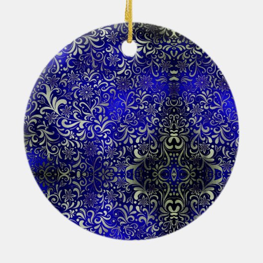 Kerstbruiloft verjaardag koninklijk blauw bloemenv keramisch ornament (Achterkant)