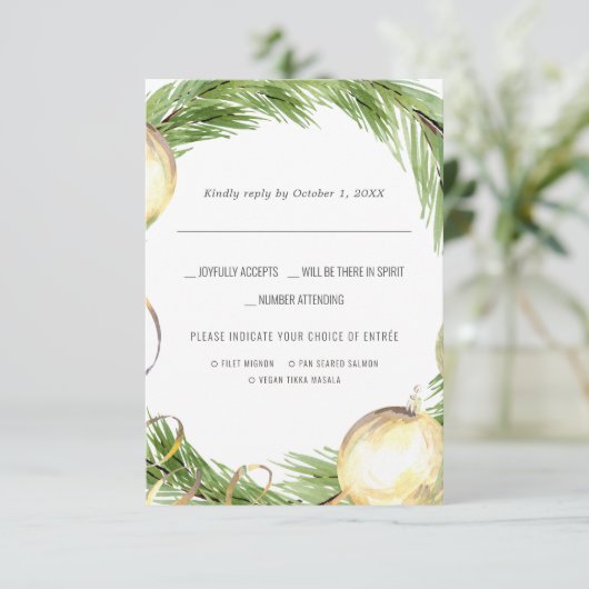 kerstbruiloft | Waterverf RSVP met keuze uit maalt (Staand voorkant)