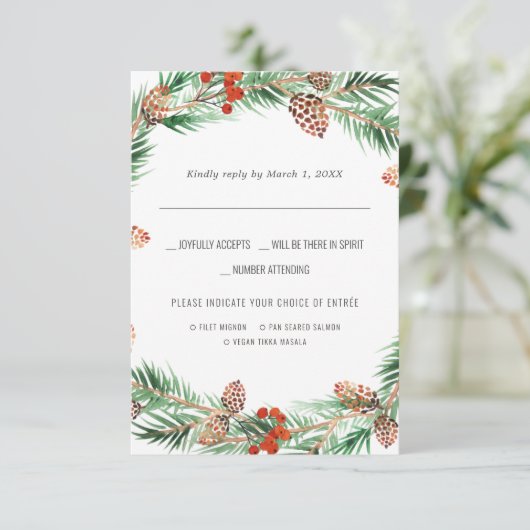 kerstbruiloft | Waterverf RSVP met keuze uit maalt (Staand voorkant)