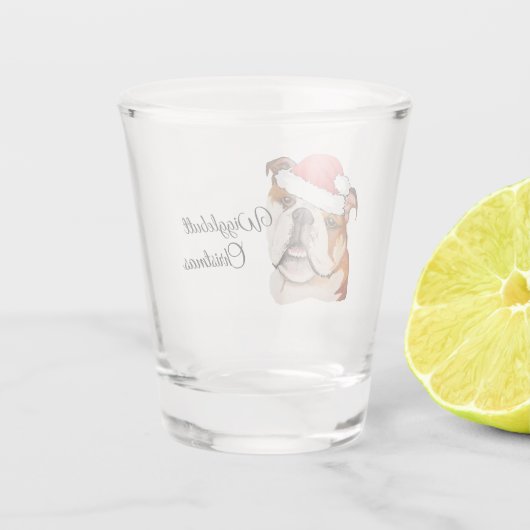Kerstbruin kunstEngels Bulldog Wiggleeft Shot Glas (Achterkant)