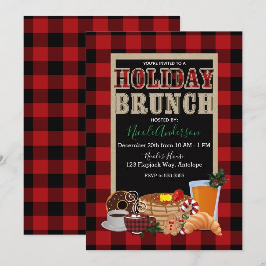 Kerstbrunch Rustic Rood Zwart Buffalo Plaid Kaart (Voorkant / Achterkant)