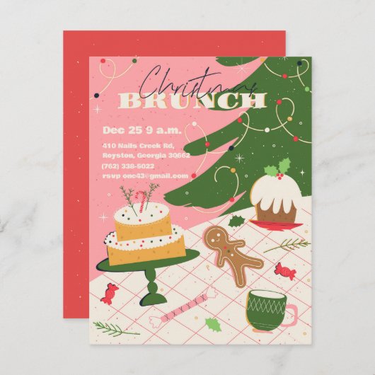 Kerstbrunch uitnodigingen in retro-stijl. (Voorkant / Achterkant)