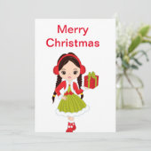 KerstBrunette Doll met een cadeaukaartje Feestdagenkaart (Staand voorkant)