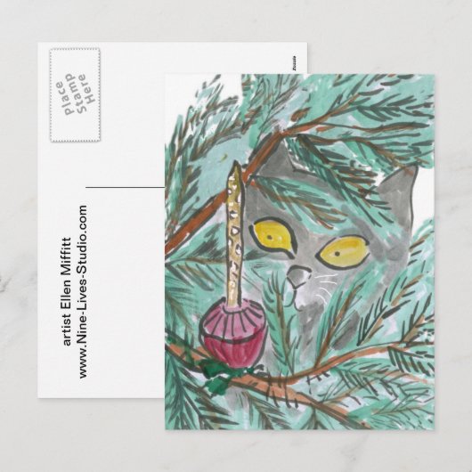 Kerstbubbel licht en Kat Feestdagenkaart (Voorkant / Achterkant)