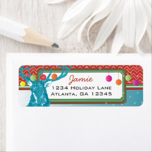 Kerstbuck Deer Zig Zag Pattern Aqua and Red Etiket