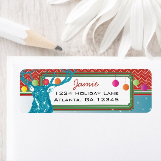 Kerstbuck Deer Zig Zag Pattern Aqua and Red Etiket (Insitu)