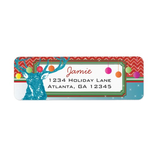 Kerstbuck Deer Zig Zag Pattern Aqua and Red Etiket (Voorkant)