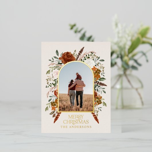 Kerstbudget botanisch elegante terracotta folie feestdagen briefkaart (Staand Voorkant)