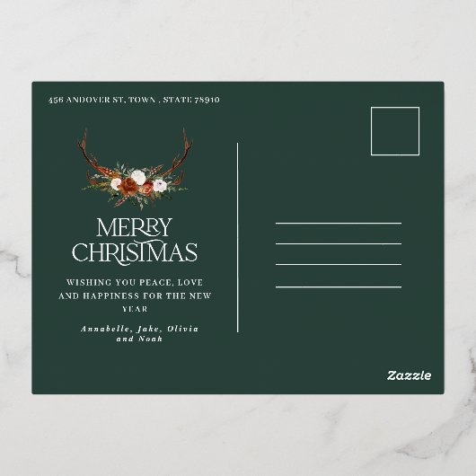 kerstbudget botanische groene elegant floral folie feestdagen briefkaart (Achterkant)
