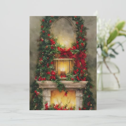 Kerstbudget voor open haard  feestdagenkaart (Staand voorkant)