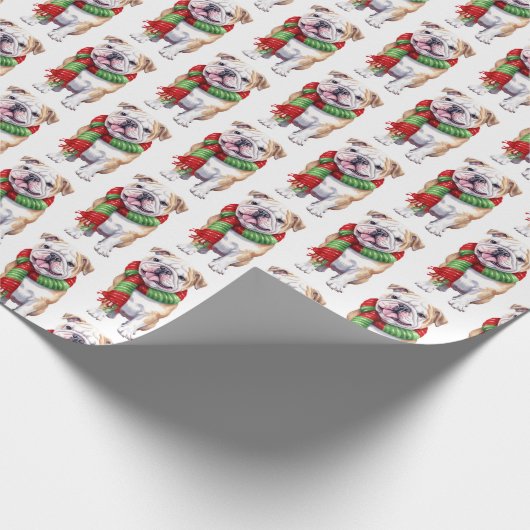 Kerstbuldog met wintersjaal cadeaupapier (Hoek)