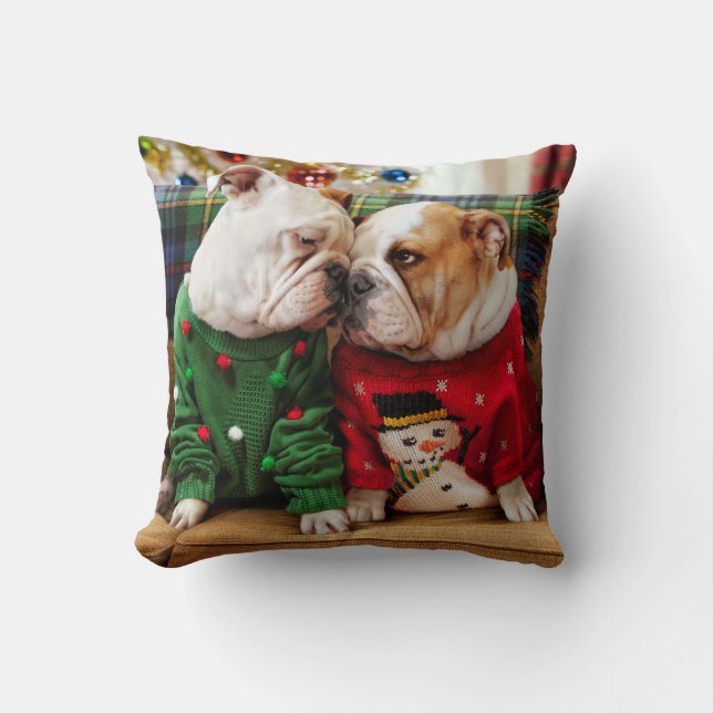 Kerstbulldogs in trui kussen (Voorkant)