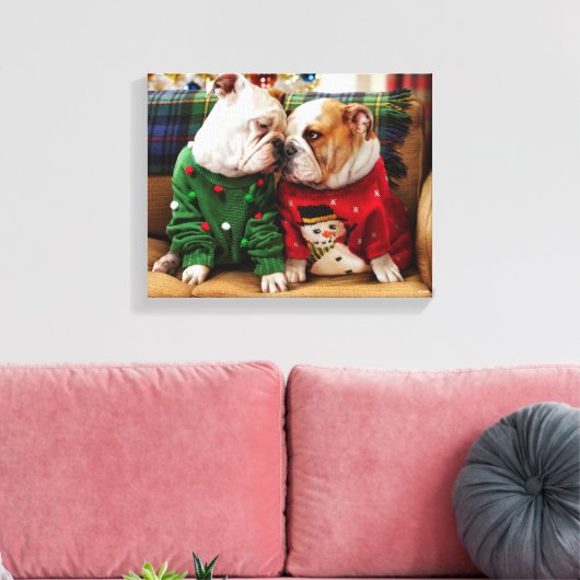 Kerstbulledogs in Sweaters Canvas Afdruk (Insitu (Woonkamer))