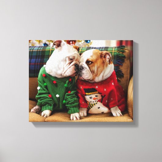 Kerstbulledogs in Sweaters Canvas Afdruk (Voorkant)