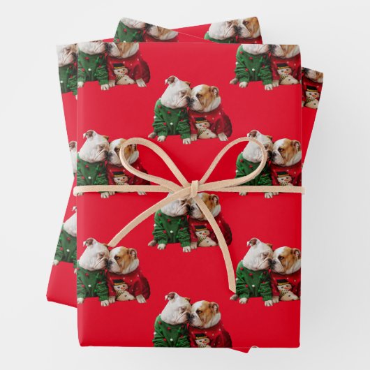 Kerstbulledogs in Sweaters Inpakpapier Vel (In situ)