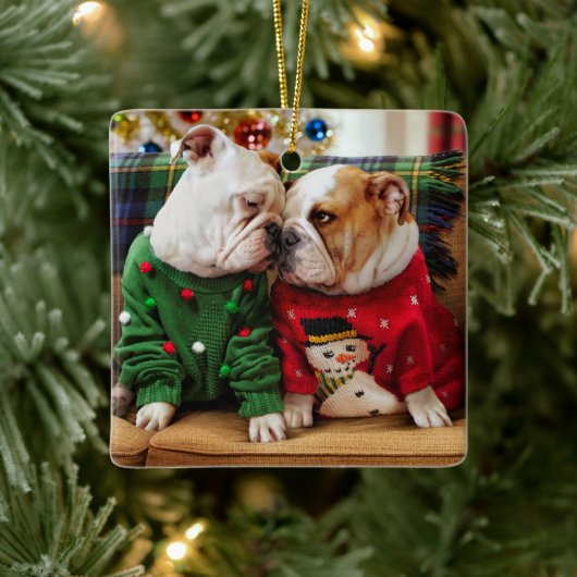 Kerstbulledogs in Sweaters Keramisch Ornament (Boom)