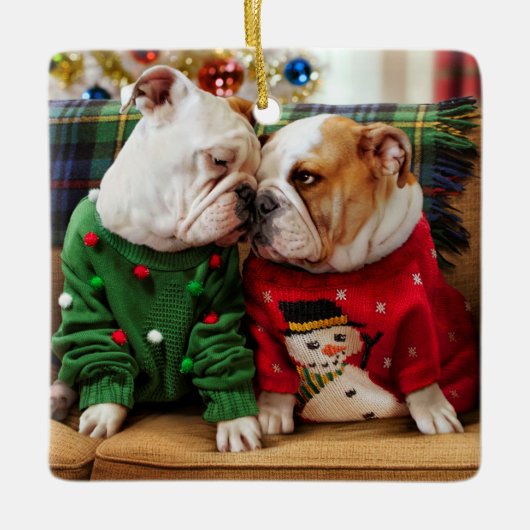 Kerstbulledogs in Sweaters Keramisch Ornament (Voorkant)