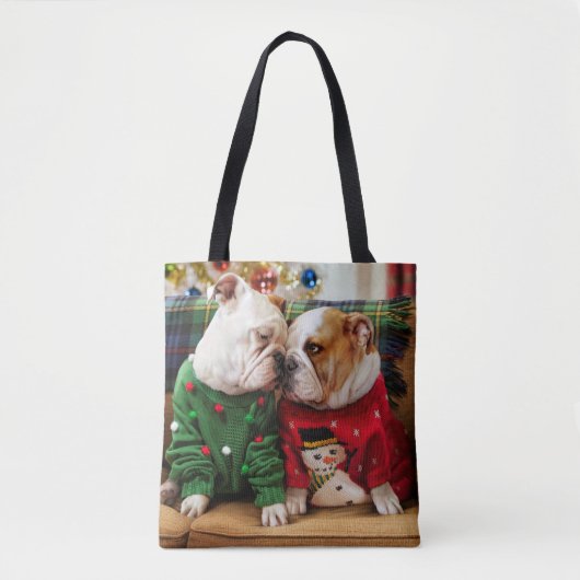 Kerstbulledogs in Sweaters Tote Bag (Voorkant)