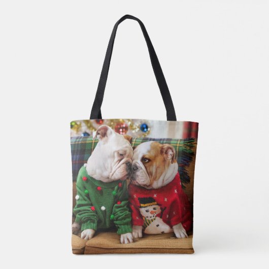 Kerstbulledogs in Sweaters Tote Bag (Achterkant)