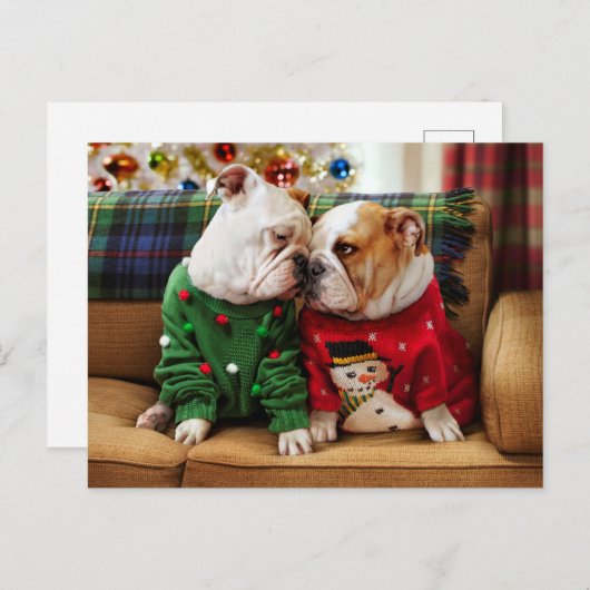 Kerstbulledogs in Sweaters Uitnodiging Briefkaart (Voorkant / Achterkant)