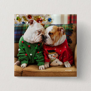 Kerstbulledogs in Sweaters Vierkante Button 5,1 Cm