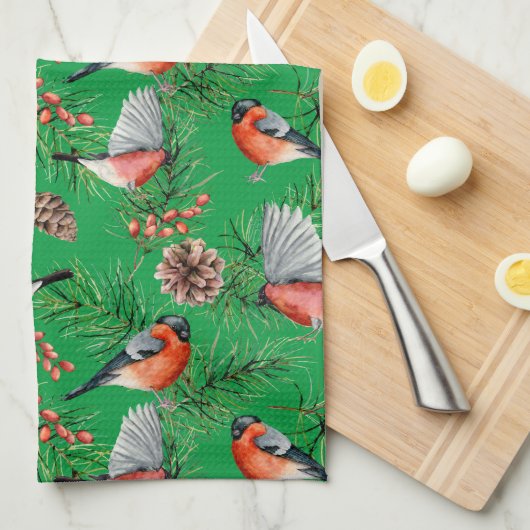 kerstbullfinch theedoek (Quarter Fold)
