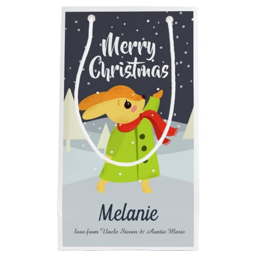 KerstBunny die Snowflakes vangt Klein Cadeauzakje (Voorkant)