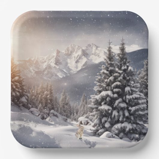 Kerstbunny in sneeuwvlokken papieren bordje (Voorkant)