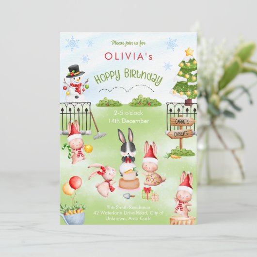 KerstBunny Rabbit Winter Kind Birthday Party Kaart (Staand voorkant)