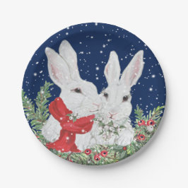 KerstBunny Rabbits Winter Holiday Blue Cute Papieren Bordje