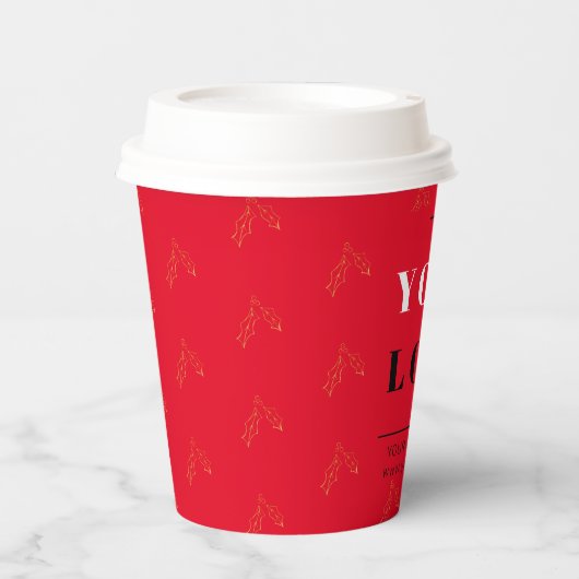 Kerstbusiness Logo Red Holly Patterned Papieren Bekers (Voorkant)
