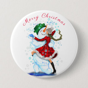 kerstButton Gift Snowman en Girl Dance Ronde Button 7,6 Cm