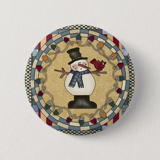 kerstButton - Snowman en Roodvogel Ronde Button 5,7 Cm (Voorkant)