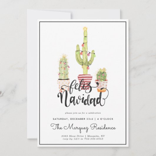 Kerstcactus | Feliz Navidad Feest Uitnodiging (Voorkant)