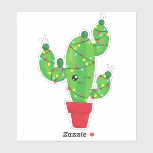 Kerstcactus, kerstlampjes, cute cactus sticker (Vel)