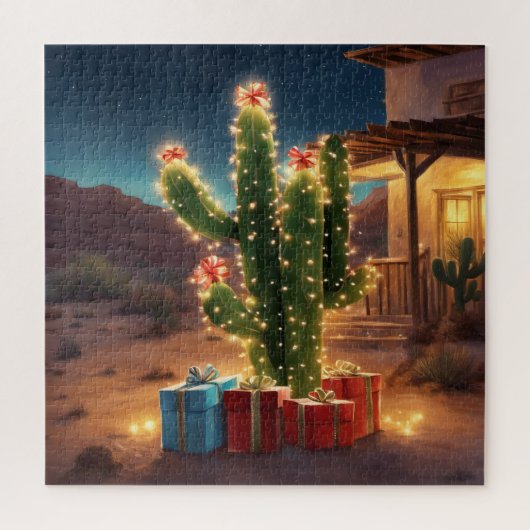 Kerstcactus met Cadeaus voor een huis Legpuzzel (Verticaal)