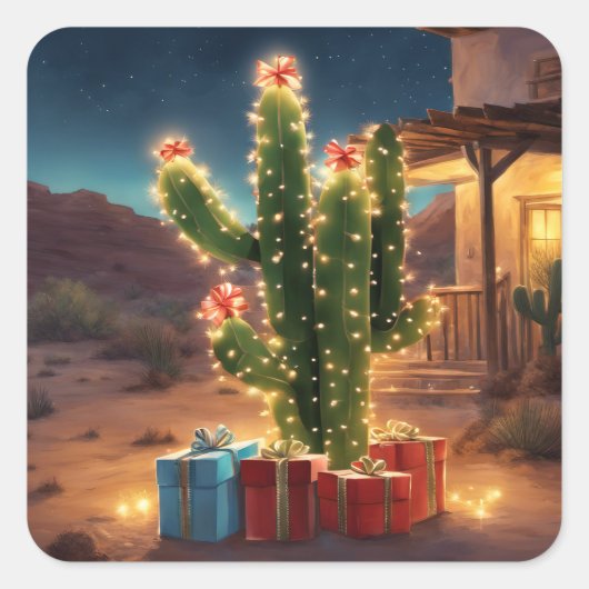 Kerstcactus met Cadeaus voor een huis Vierkante Sticker (Voorkant)