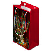 Kerstcactus met gloeiende lampjes met rode tas klein cadeauzakje (Voorkant Gekanteld)