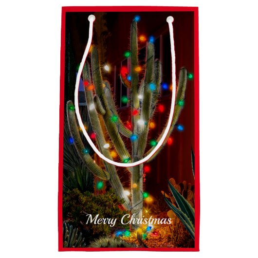 Kerstcactus met gloeiende lampjes met rode tas klein cadeauzakje (Voorkant)