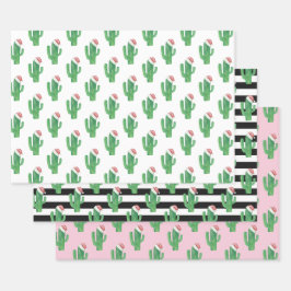 Kerstcactus patroon. Kerstman cactussen. Groen roz Inpakpapier Vel