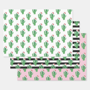 Kerstcactus patroon. Kerstman cactussen. Groen roz Inpakpapier Vel