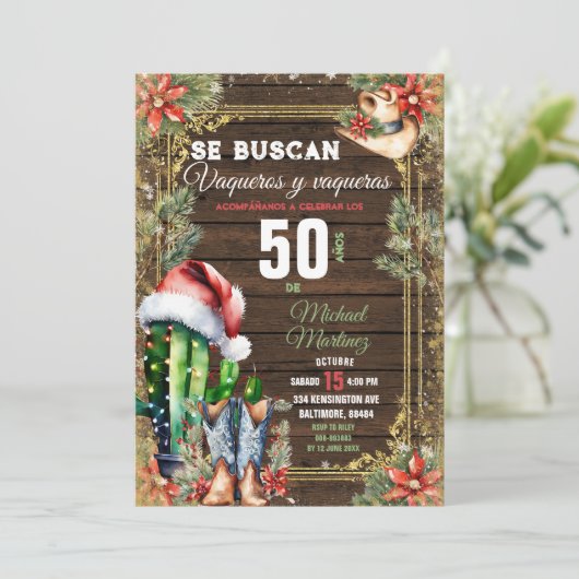 Kerstcactus Spaans 50 Años Vaquero Verjaardag Kaart (Staand voorkant)
