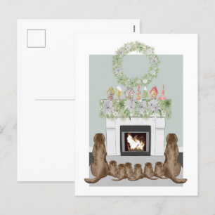 Kerstcad Labrador Family Fireplace Scene Feestdagenkaart