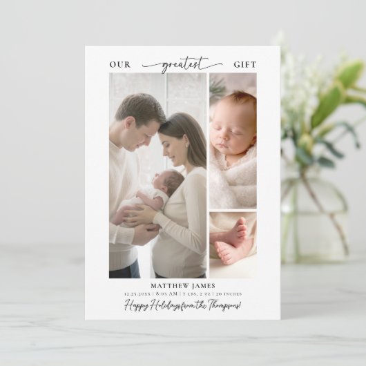 Kerstcadeau boven eenvoudige moderne Baby 3 foto Feestdagenkaart (Staand voorkant)